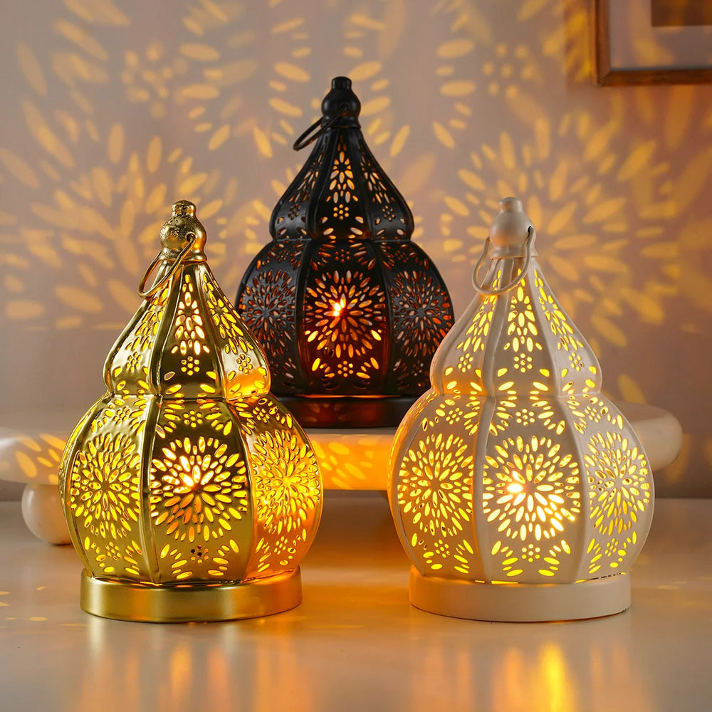Moroccan Iron Lantern Candle Holder, Hollow Gourd-Shaped Candlestick for Living Room, Patio and Wedding Decor, Black, White or Gold