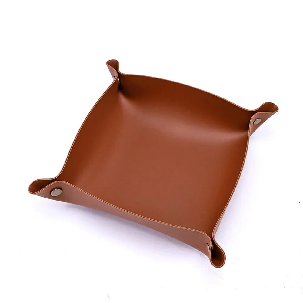 Leather Valet Tray, 25 x 25 cm Foldable Organizer for Keys, Jewelry and Coins, Brown