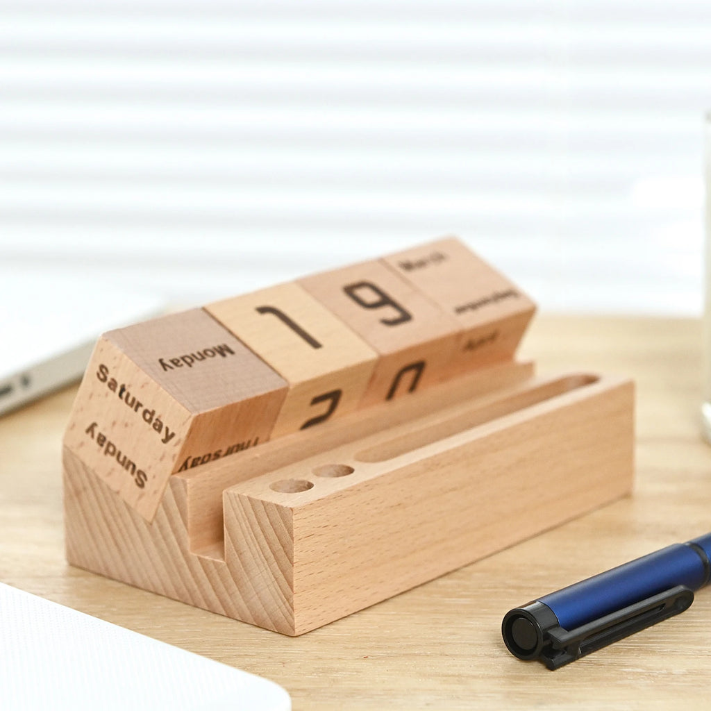 Wooden Perpetual Calendar, Flip Block Desk Calendar for Month and Date