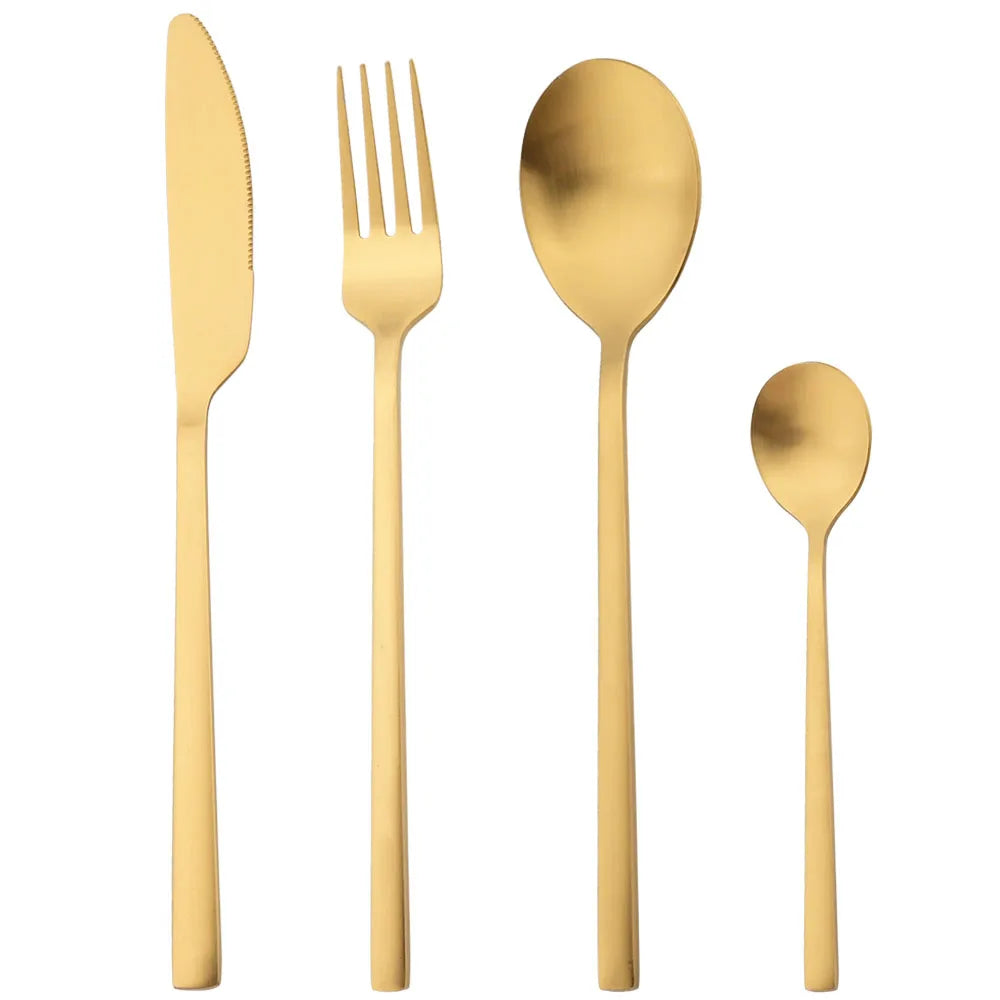 Matte Stainless Steel Cutlery Set of 4, Knife, Fork, Spoon and Teaspoon, Gold, Silver, Black or Rose Gold
