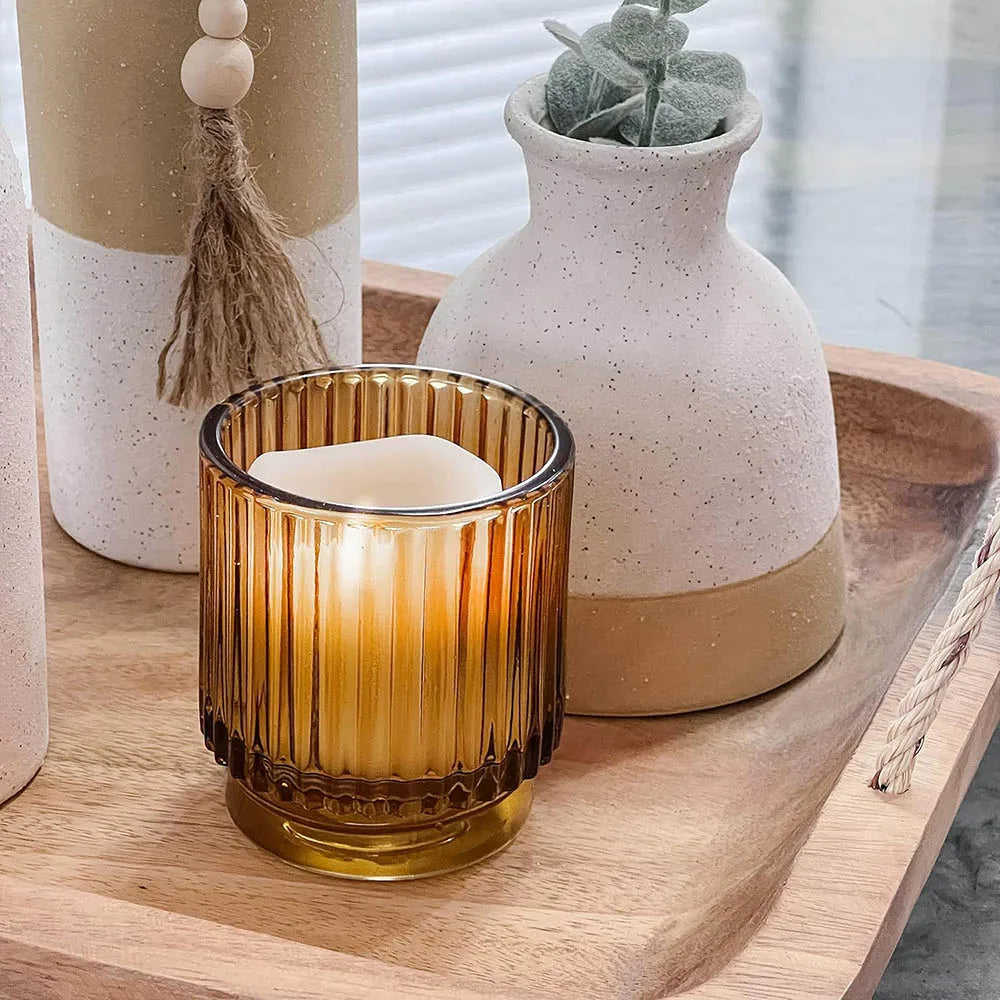 Ribbed Amber Glass Tealight Holders, Vintage Votive Candle Holders for Table and Shelf, Set of 2, 4 or 6