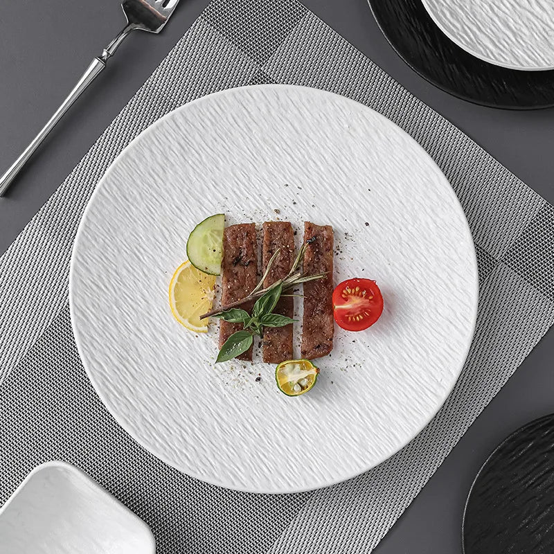 Matte Textured Ceramic Dinner Plate, Round Serving Plate for Steak, Pasta and Grilled Dishes, Black or White, Two Sizes