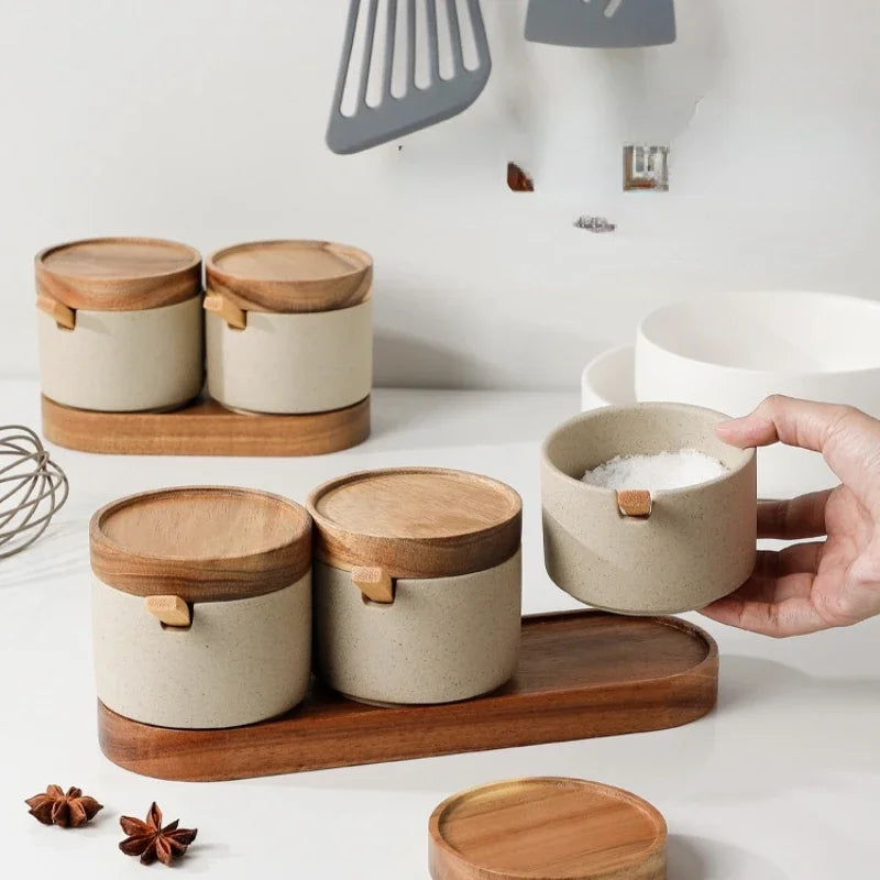 Modern Ceramic Seasoning Jar Set with Wood-Tone Lids, Countertop Salt and Sugar Containers, Single Jar or Set of 2 or 3 with Tray
