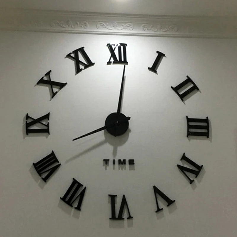 Giant 3D DIY Wall Clock, Frameless Roman Numeral Mirror Clock for Living Room and Bedroom, Black or Gold