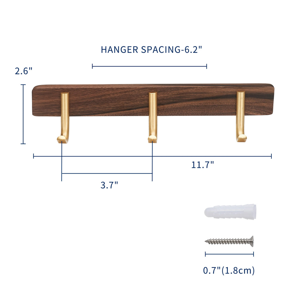 Walnut-Tone Towel Hook Rail, 3-Hook Wall Rack for Towels, Robes and Coats