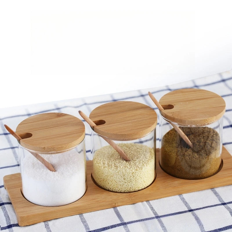 Glass Condiment Jars with Bamboo Lids, Spoons and Tray, Set of 3 Spice Jars for Salt, Sugar and Herbs, Round or Square Tray