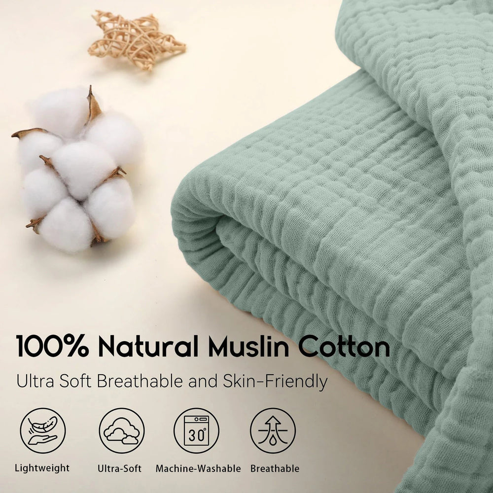 Cotton Muslin Throw Blanket, 6-Layer Lightweight Breathable Throw for Sofa and Bed, Sage Green, White or Blue, Three Sizes