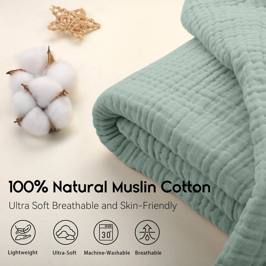 Cotton Muslin Throw Blanket, 6-Layer Lightweight Breathable Throw for Sofa and Bed, Sage Green, White or Blue, Three Sizes