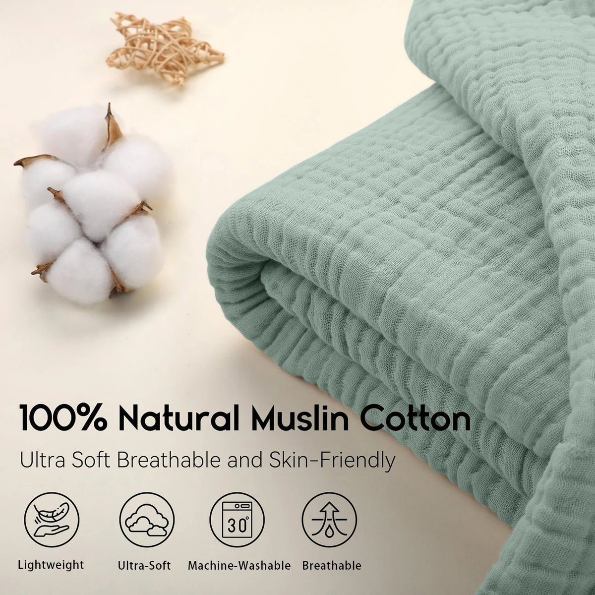 Cotton Muslin Throw Blanket, 6-Layer Lightweight Breathable Throw for Sofa and Bed, Sage Green, White or Blue, Three Sizes