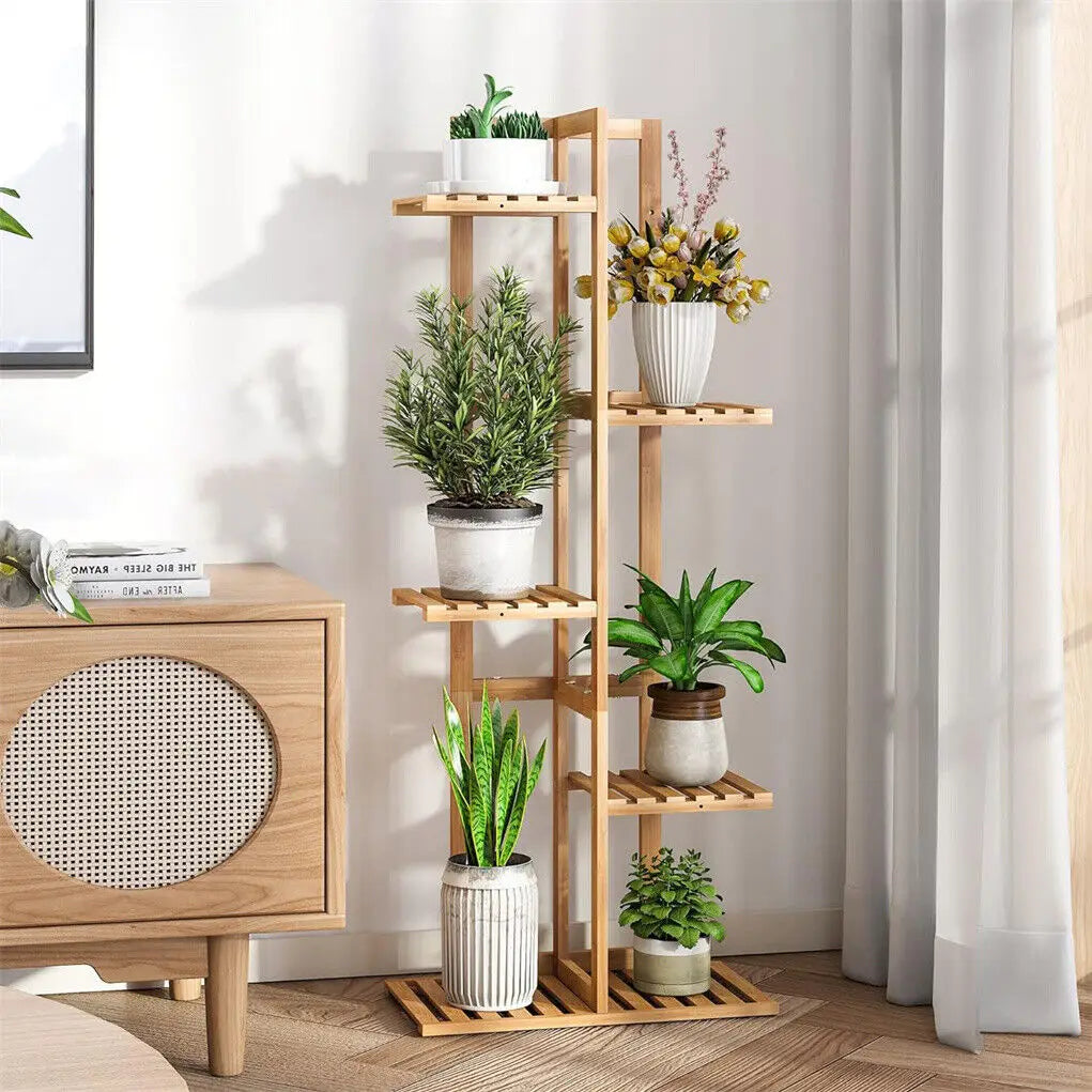 Bamboo Corner Plant Stand, Tall Tiered Plant Shelf for Indoor Plants and Flower Pots, 5 or 6 Tiers