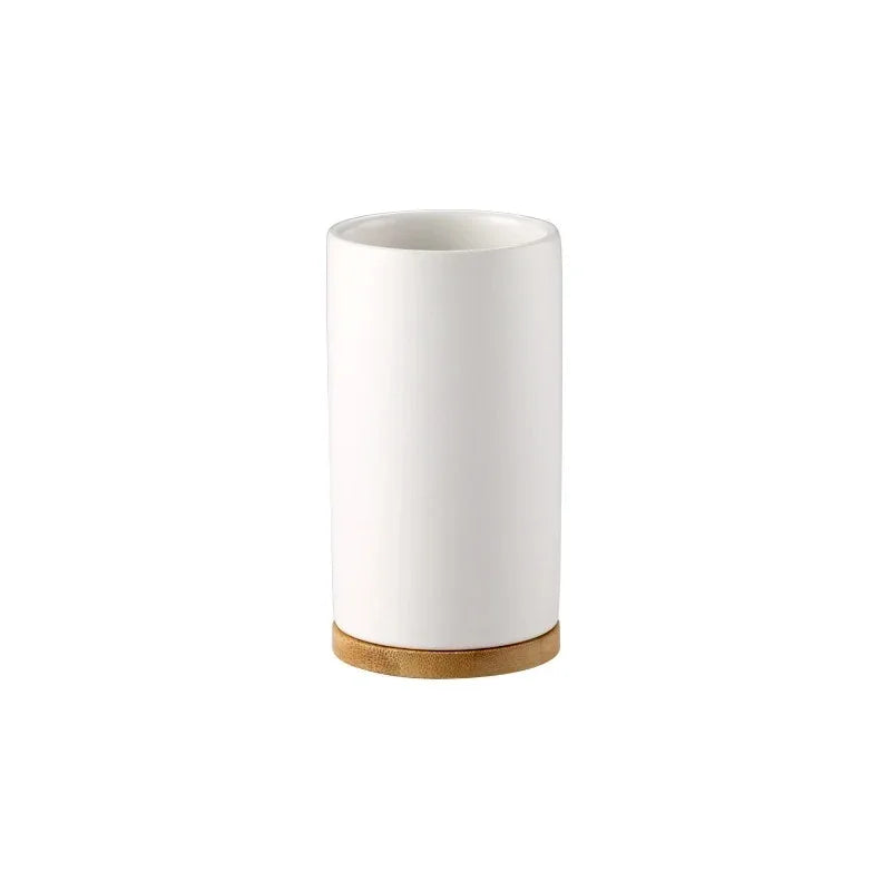 Ceramic Bathroom Accessories Set, Soap Dispenser and Tumbler on a Wooden Tray for Bathroom Counter, White, Grey or Black