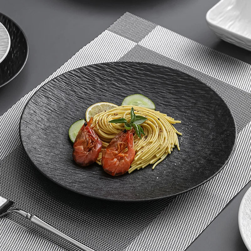 Matte Textured Ceramic Dinner Plate, Round Serving Plate for Steak, Pasta and Grilled Dishes, Black or White, Two Sizes
