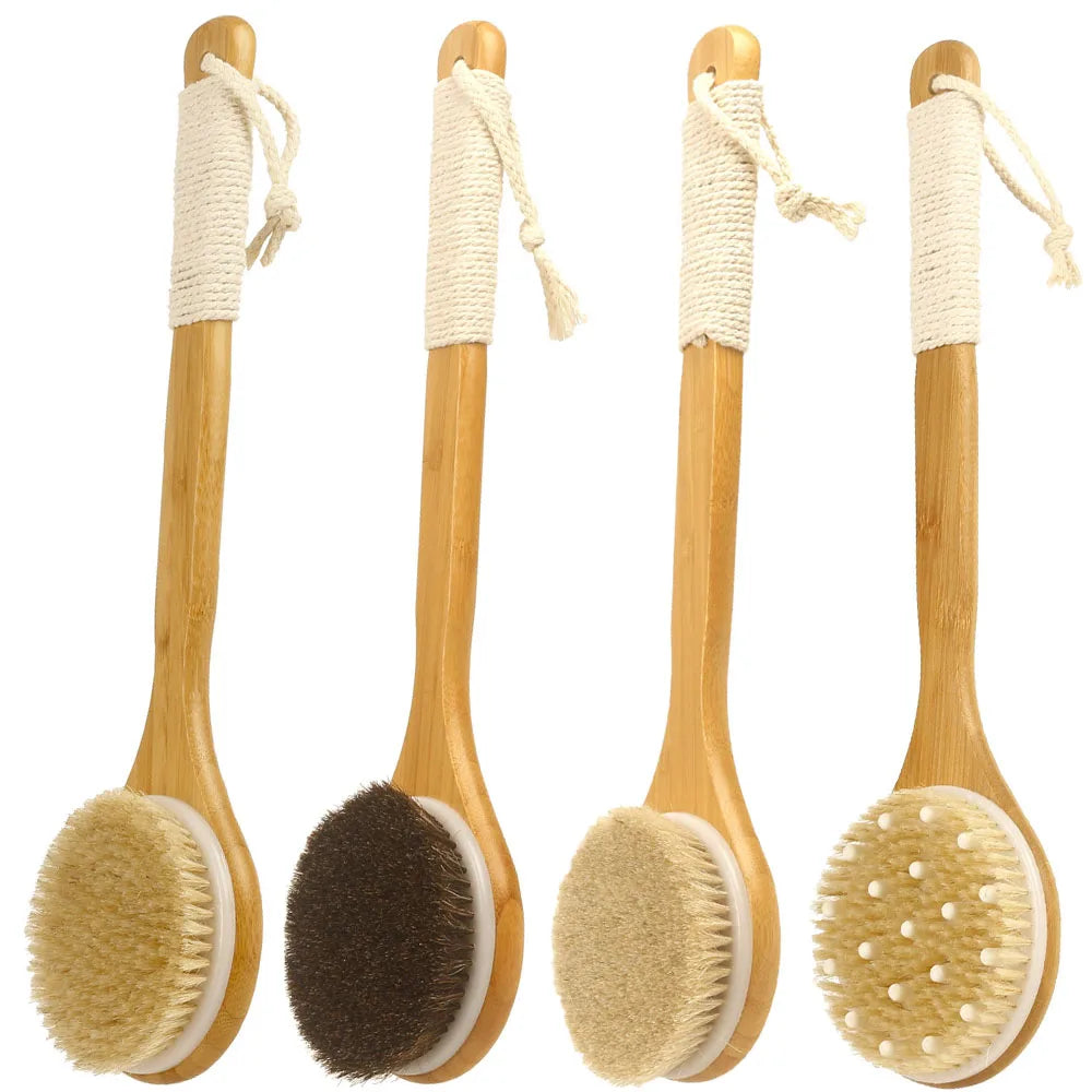 Long Handle Wooden Bath Brush, Natural Bristle Back Scrubber and Body Exfoliator for Shower and Bath, Natural or Black Bristle