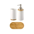 Ceramic Bathroom Accessories Set, Soap Dispenser and Tumbler on a Wooden Tray for Bathroom Counter, White, Grey or Black