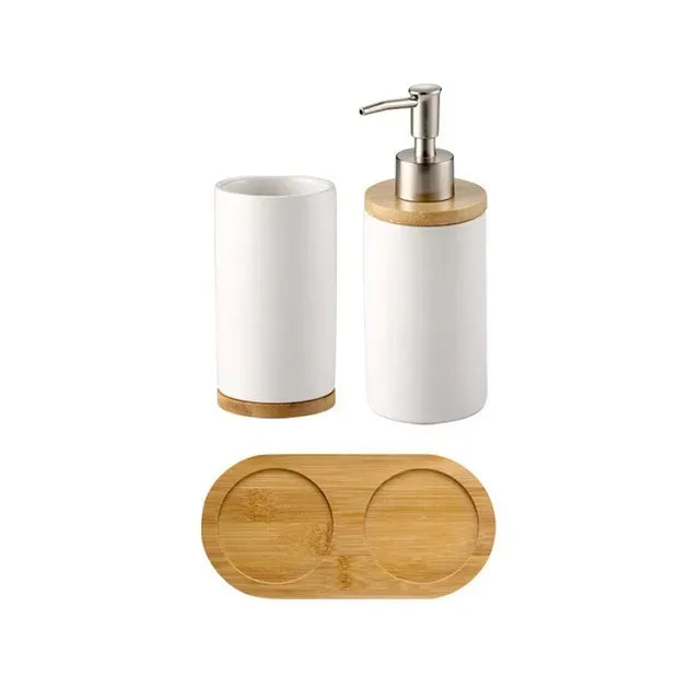 Ceramic Bathroom Accessories Set, Soap Dispenser and Tumbler on a Wooden Tray for Bathroom Counter, White, Grey or Black
