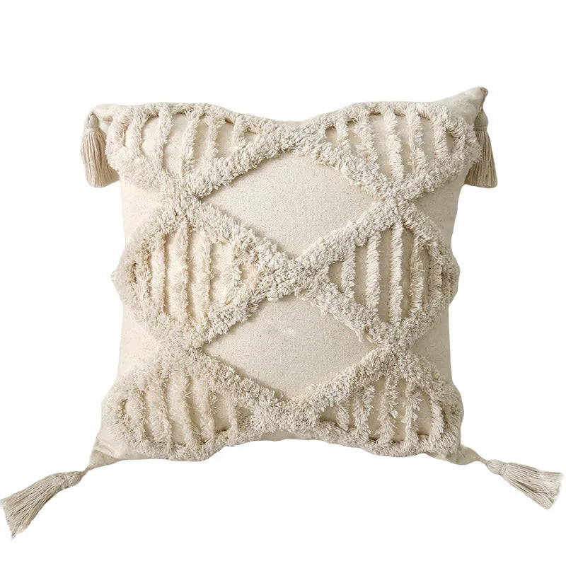 Tufted Cotton Pillow Cover with Tassels, Retro Textured Throw Pillow Case for Sofa and Bed, 45 x 45 cm, Zigzag, Diamond or Lattice