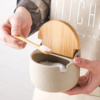 Ceramic Jars with Wood-Tone Lids, Kitchen Canisters for Sugar, Salt, Coffee and Tea, Single Jar or Set of 2 or 3 with Tray