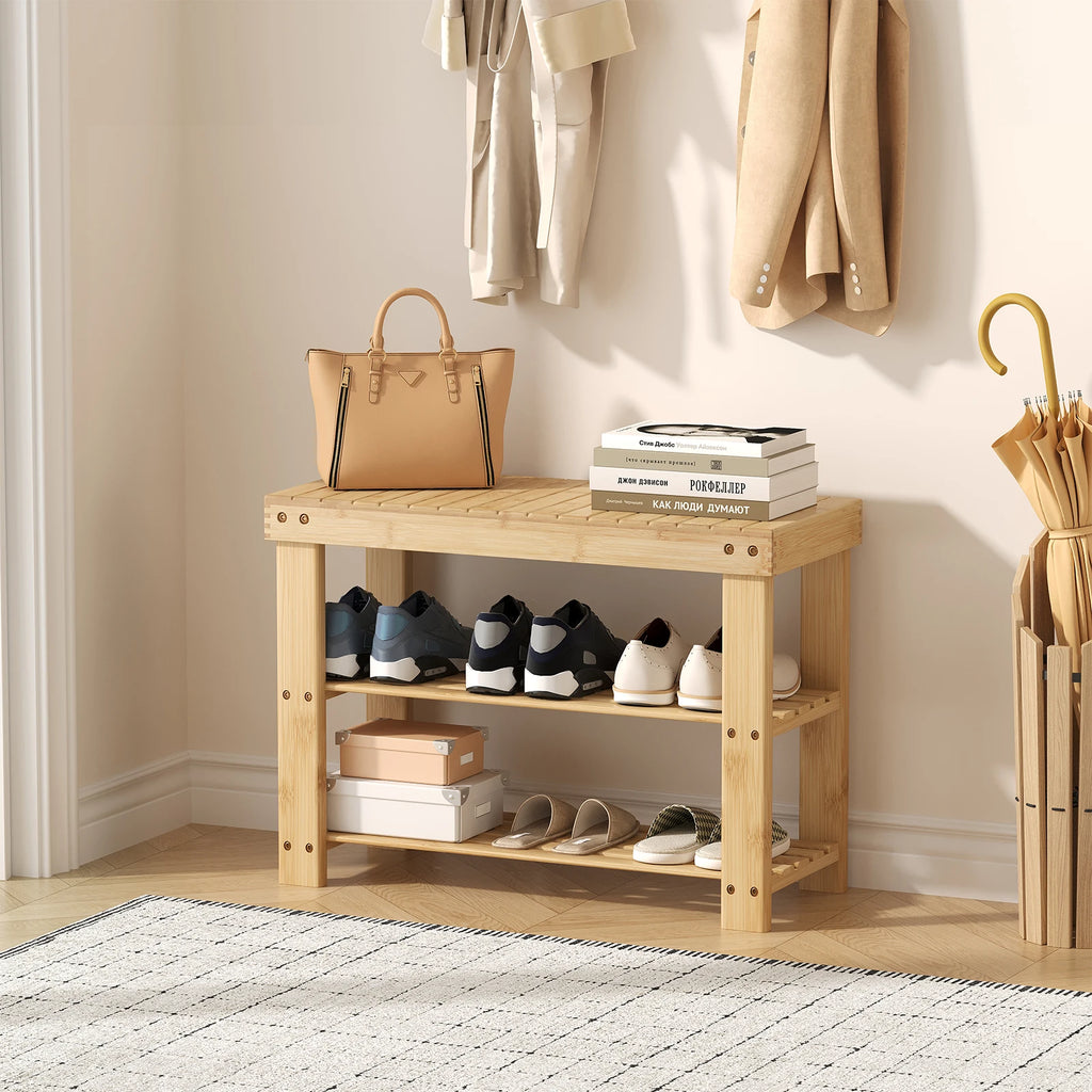 Bamboo Shoe Bench with 3 Tiers, 27-Inch Entryway Shoe Rack with Seat for Hallway and Bedroom, Natural or Brown