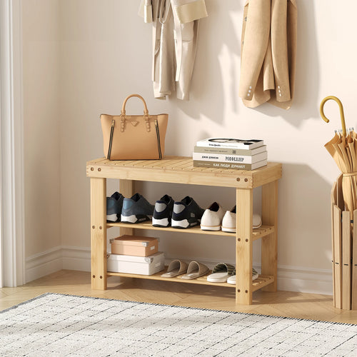 Bamboo Shoe Bench with 3 Tiers, 27-Inch Entryway Shoe Rack with Seat for Hallway and Bedroom, Natural or Brown