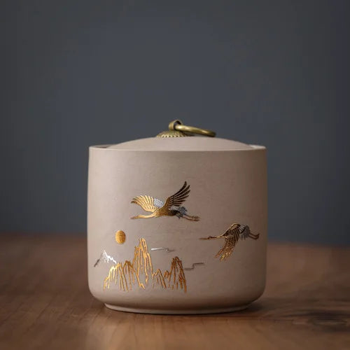 Ceramic Storage Jar with Lid, Canister for Tea, Nuts and Sweets, Brown or Beige, Crane or Wave Pattern