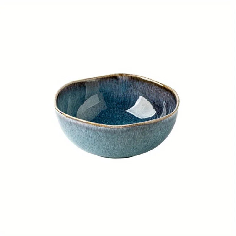 Asymmetric Ceramic Bowl, 16.5 cm Reactive Glaze Bowl for Noodles, Salad and Serving, Black or Blue