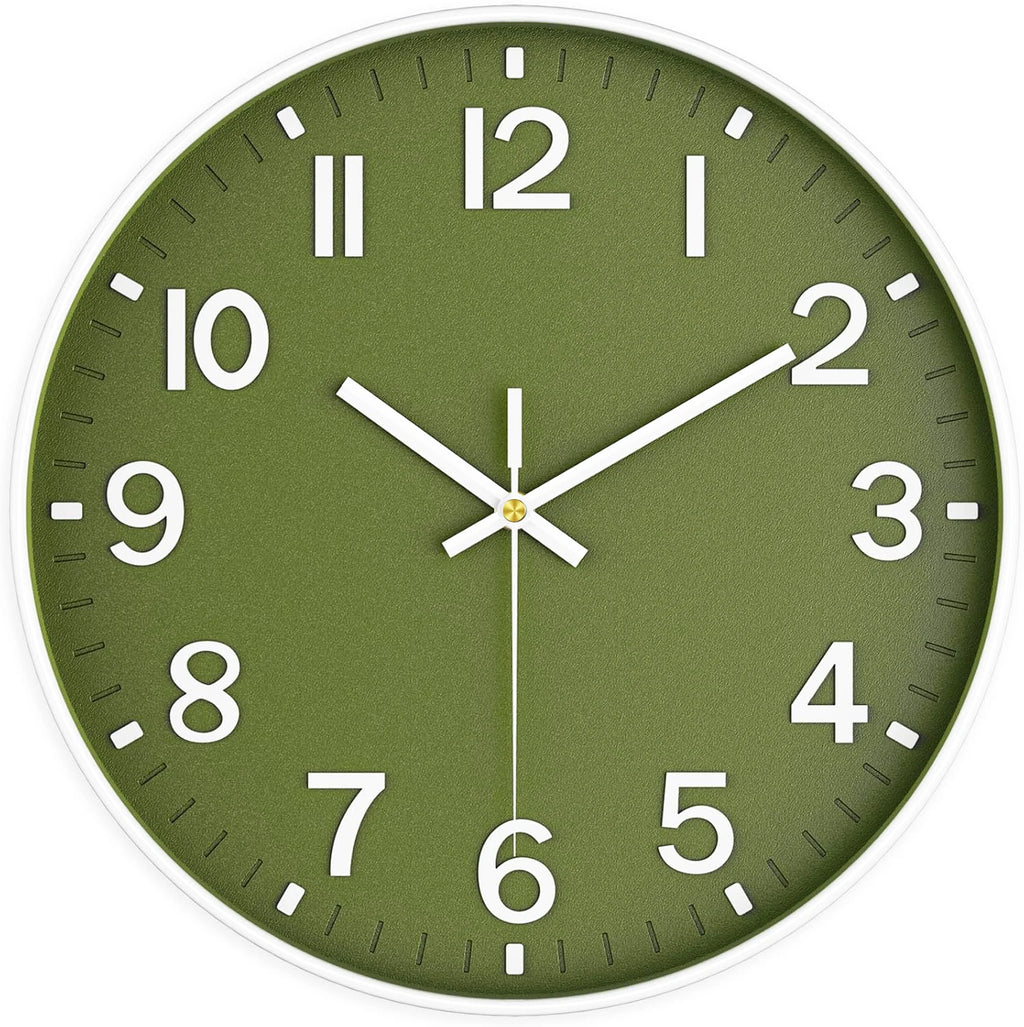Retro Wall Clock with Raised Numbers, Silent Quartz Clock for Living Room and Kitchen, 25 cm, Emerald Green, Olive Green, Black or White and Gold