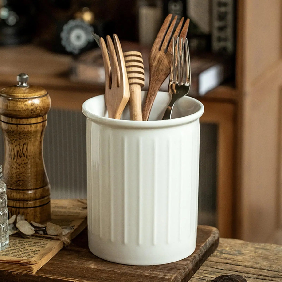 Ceramic Cutlery Holder with Drainage Holes, Countertop Utensil Caddy for Forks, Spoons and Chopsticks