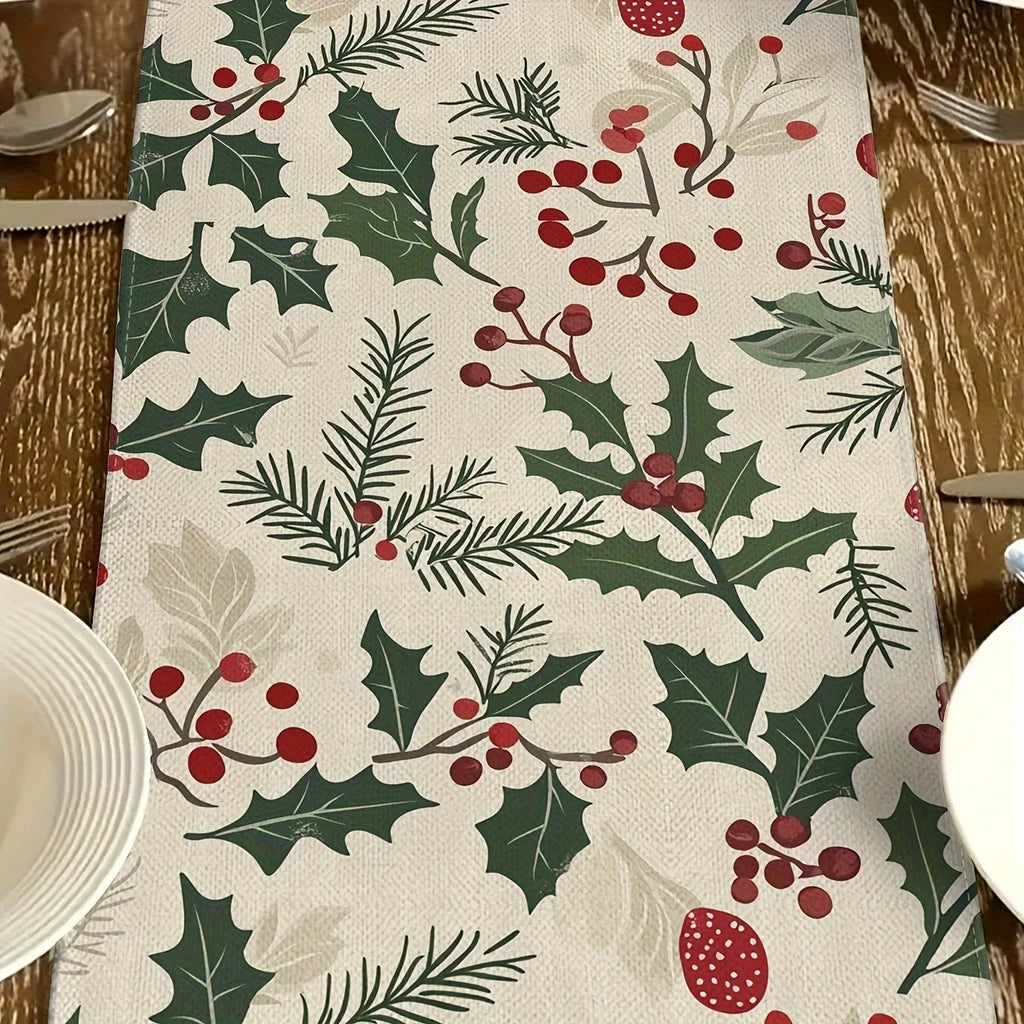 Christmas table runner with holly and berries