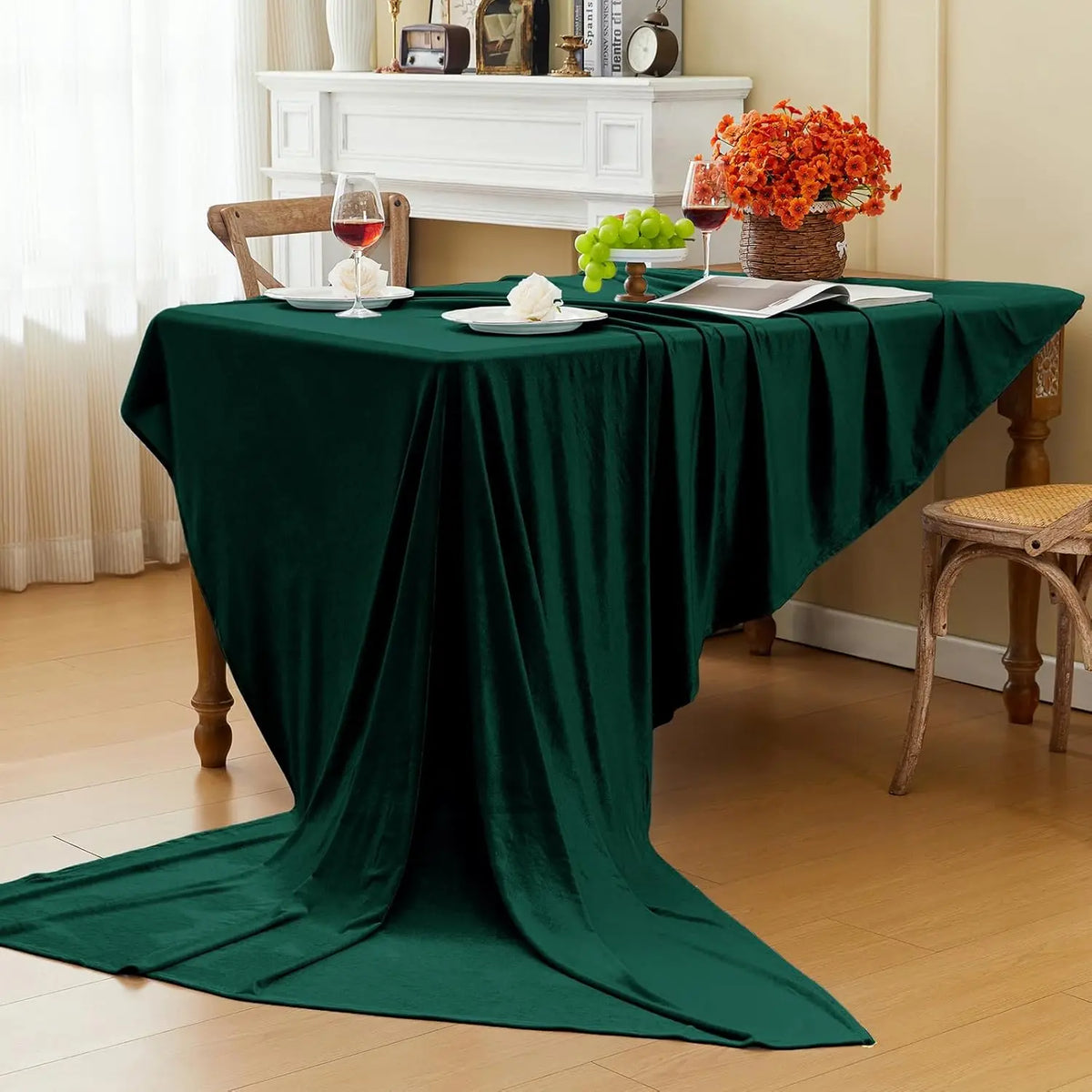 Green Velvet Christmas Tablecloth, Rectangular Holiday Table Cover for Dining Table and Parties, Four Sizes