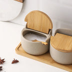 Ceramic Jars with Wood-Tone Lids, Kitchen Canisters for Sugar, Salt, Coffee and Tea, Single Jar or Set of 2 or 3 with Tray