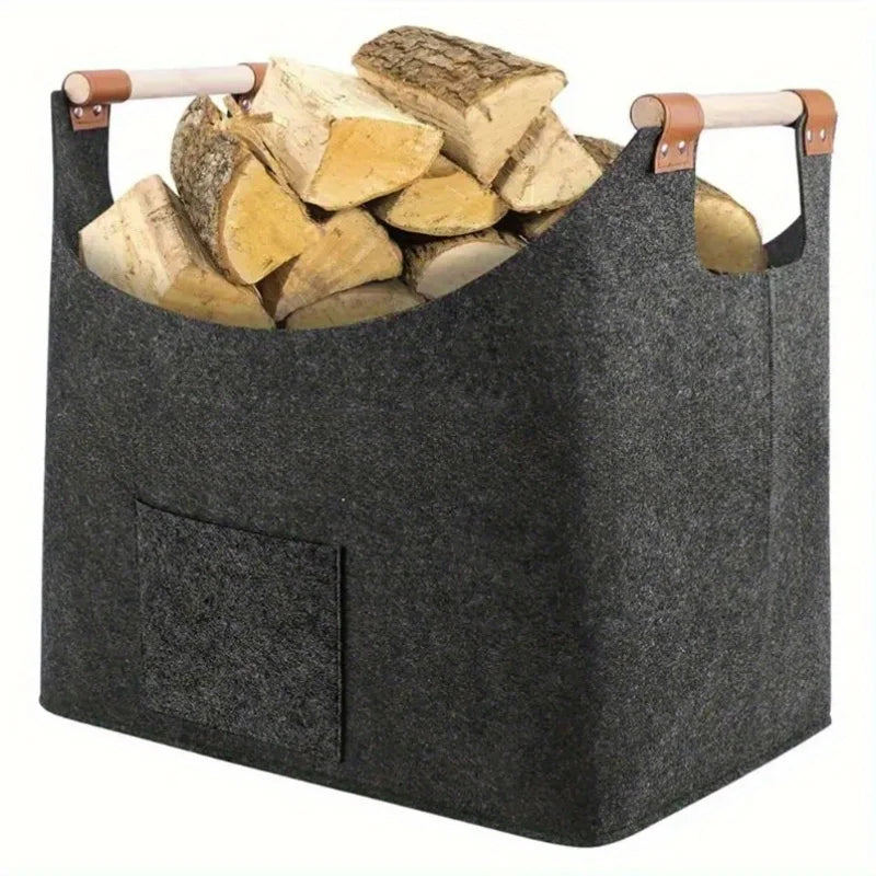 Felt Firewood Basket, Foldable Log Carrier with Reinforced Handles for Fireplace and Storage, Dark Grey