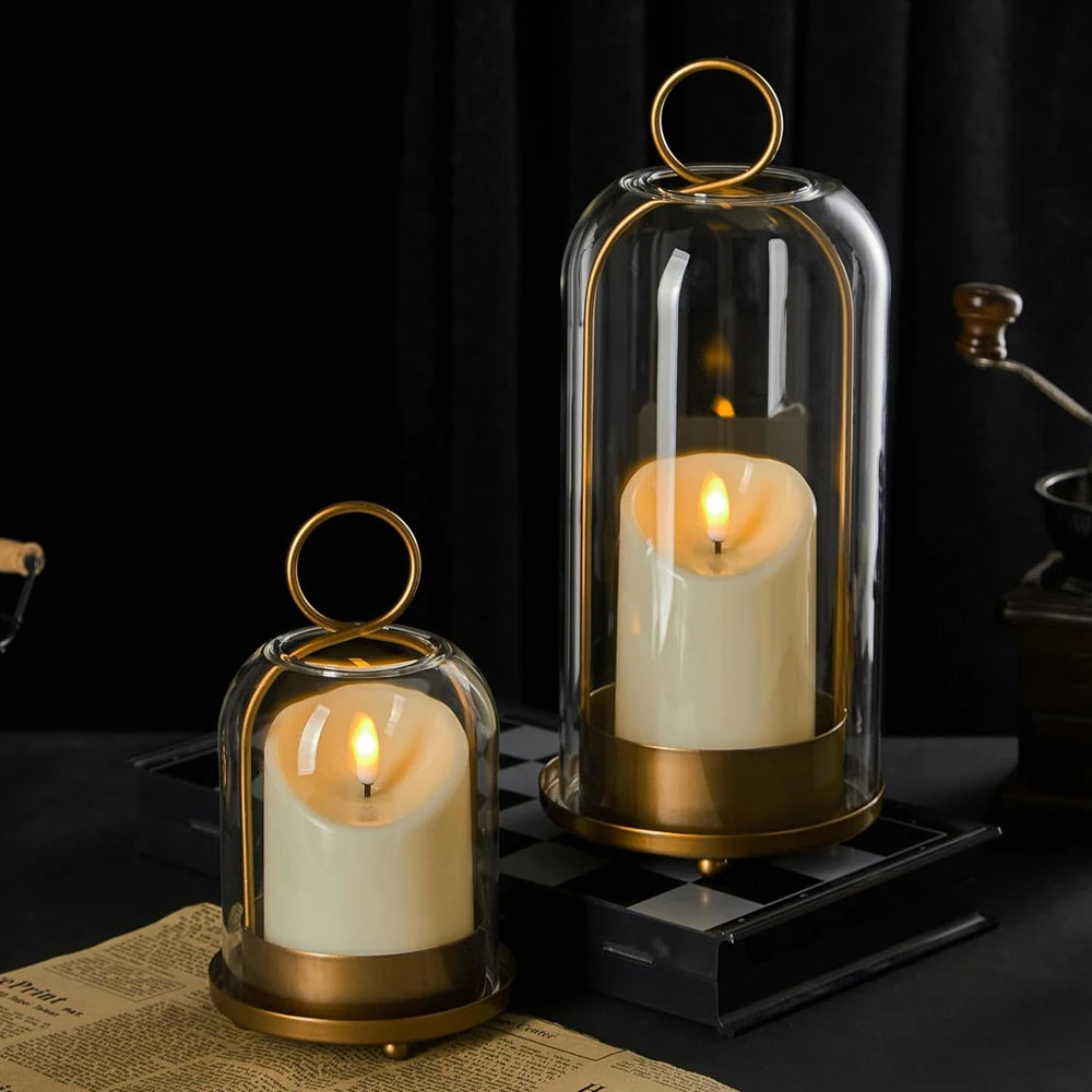 Metal Candle Holder with Glass Dome, Pillar Candle Hurricane for Table and Mantel, Gold or Black, Small or Large