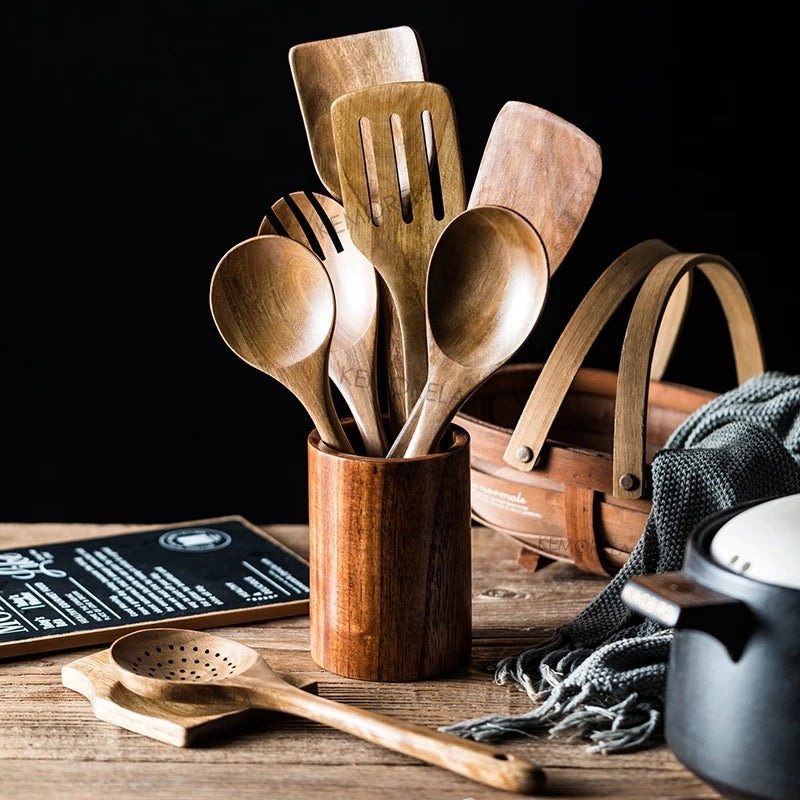 Wooden Cooking Utensil Set of 9 with Holder, product photo 1