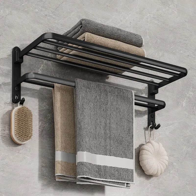 Black Wall-Mounted Towel Rack with Shelf, 50 cm Foldable Towel Holder with Hooks