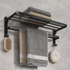 Black Wall-Mounted Towel Rack with Shelf, 50 cm Foldable Towel Holder with Hooks