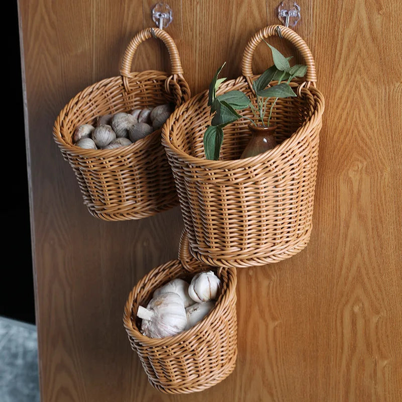 Wall Mounted Wicker Basket, Natural Woven Storage for Vegetables, Fruit and Kitchen Sundries