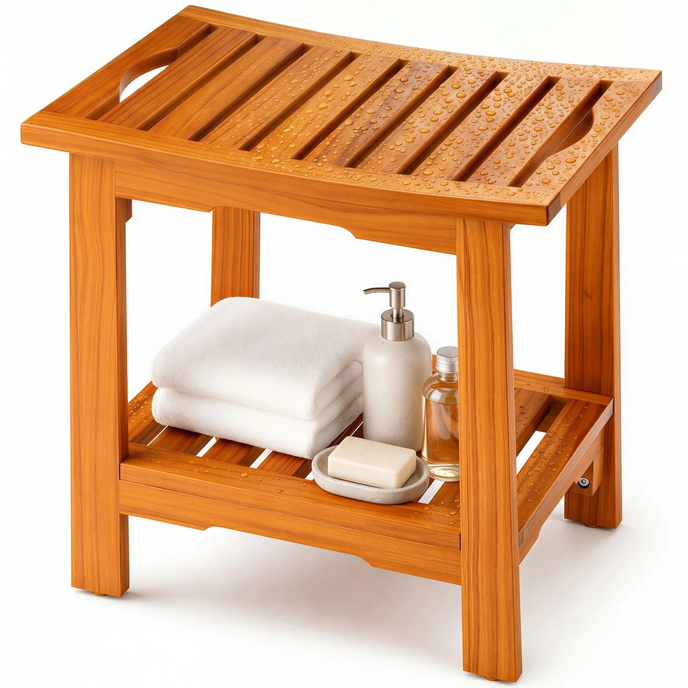 Wooden Shower Stool with Shelf and Side Handles, 18-Inch Bath Bench for Shower and Bathroom