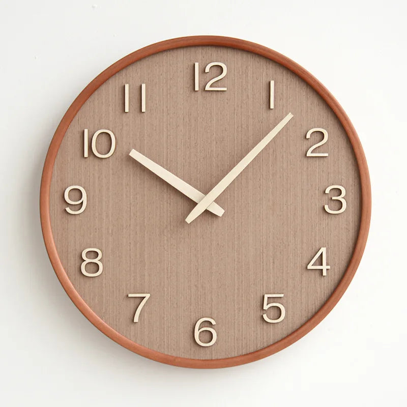 Japanese-Style Silent Wooden Wall Clock, Minimalist Clock with Raised Numbers for Living Room and Kitchen, Natural or Dark Wood