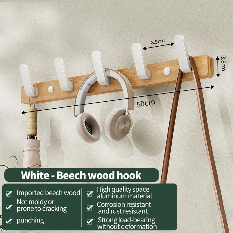 Wall-Mounted Coat Rack with 5 Hooks, Hook Rail for Entryway, Bathroom and Bedroom, Beech with White Hooks or Walnut with Black Hooks