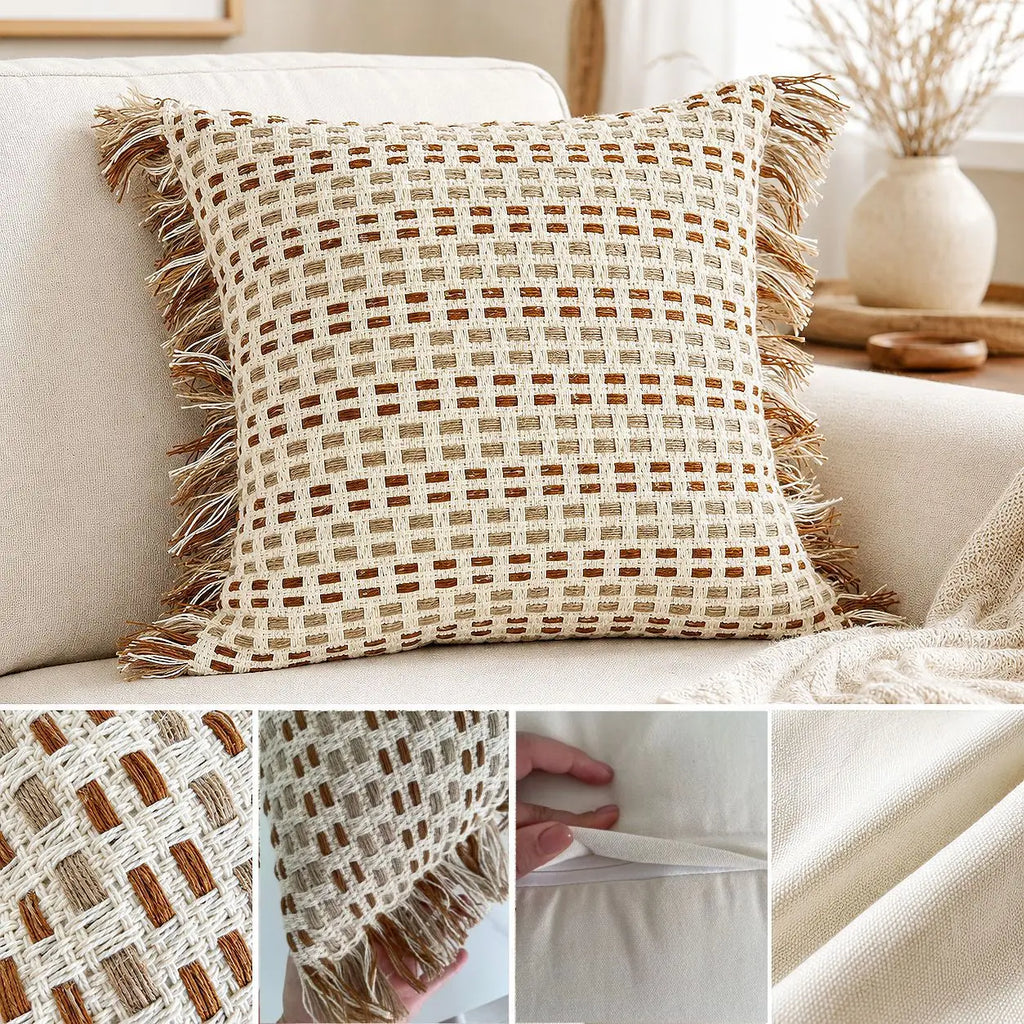 Chenille Jacquard Pillow Cover with Tassels, Boho Geometric Throw Pillow Case for Sofa and Bed, Square or Lumbar