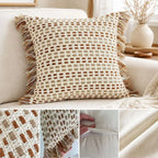 Chenille Jacquard Pillow Cover with Tassels, Boho Geometric Throw Pillow Case for Sofa and Bed, Square or Lumbar