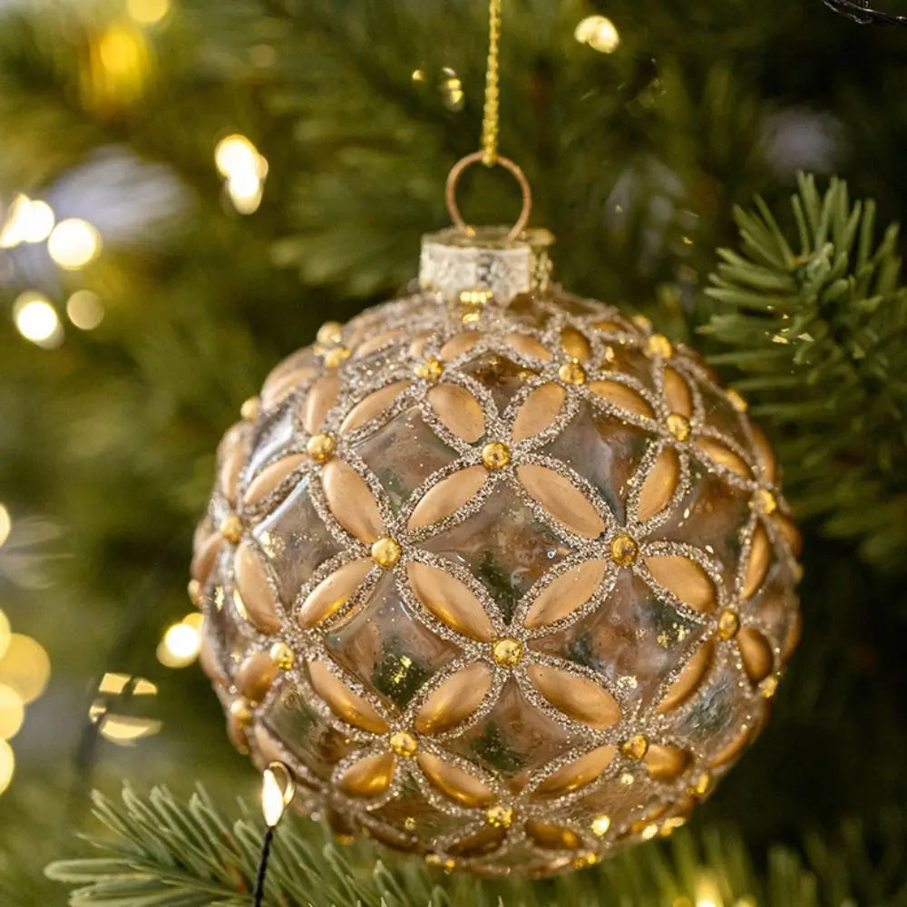 Decorated Glass Christmas Ball, 8 cm Christmas Tree Ornament, Red and Gold, Cream and Gold, Gold Lattice or White and Green
