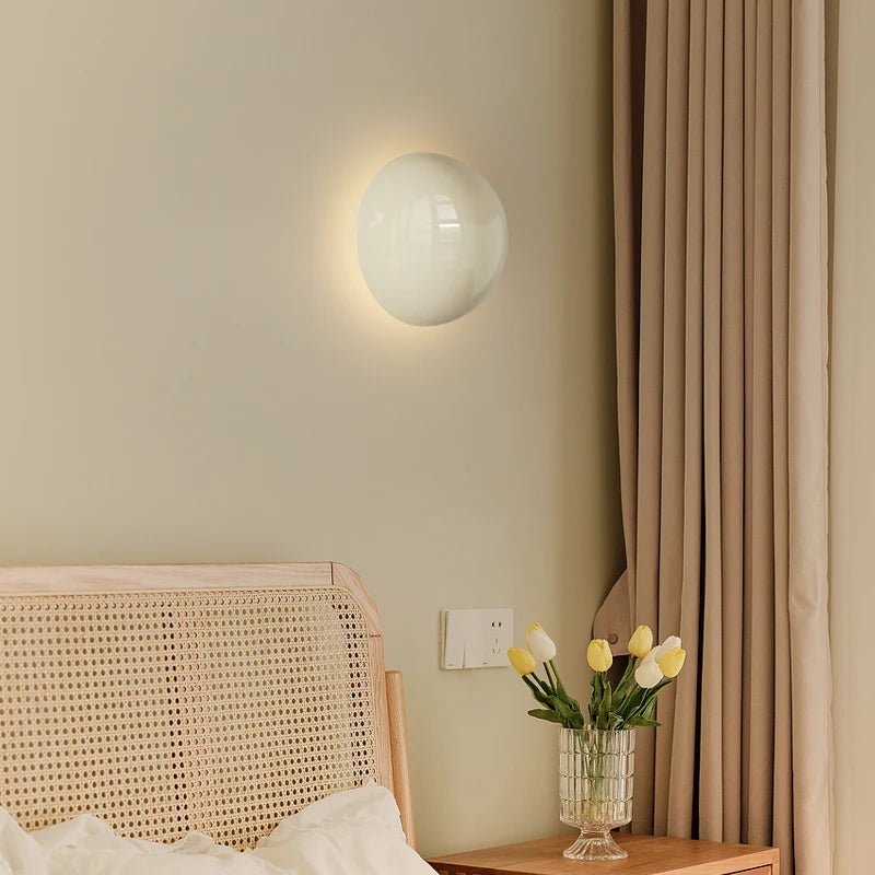 Round Cream Wall Lamp, Minimalist Pebble Sconce for Bedroom, Hallway and Living Room, Beige, White or Red