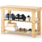 Bamboo Shoe Bench with 3 Tiers, 27-Inch Entryway Shoe Rack with Seat for Hallway and Bedroom, Natural or Brown