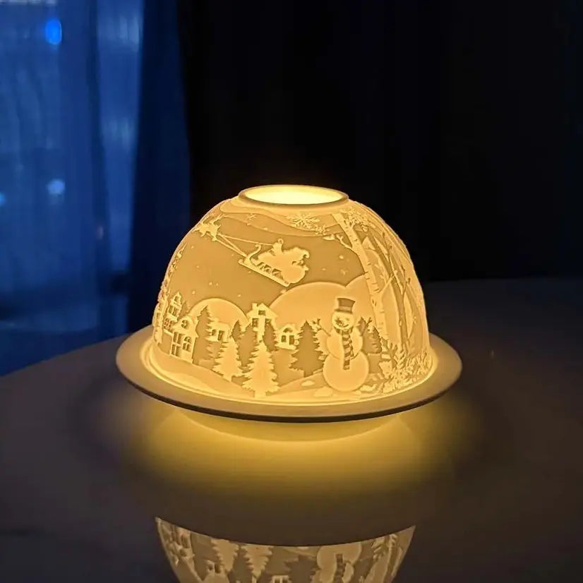 Ceramic Tealight Dome with Snowman and Reindeer, Christmas Candle Holder for Table, Mantel and Windowsill
