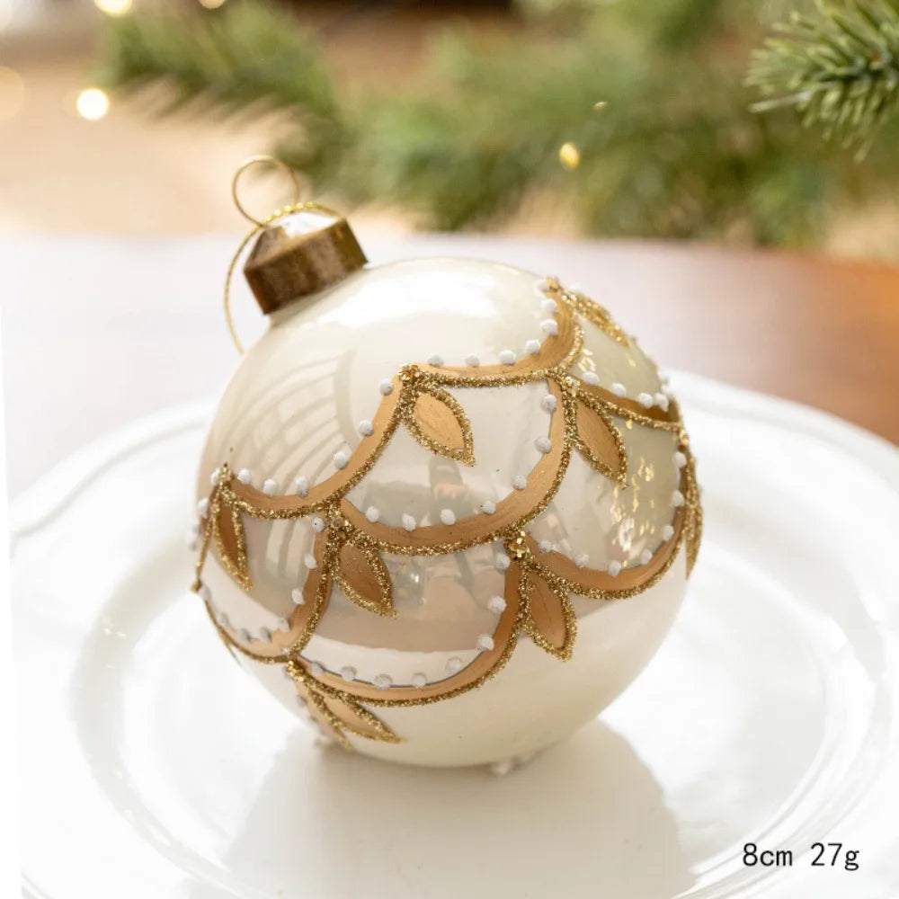 Decorated Glass Christmas Ball, 8 cm Christmas Tree Ornament, Red and Gold, Cream and Gold, Gold Lattice or White and Green