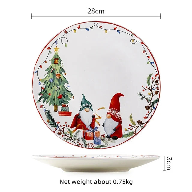 Christmas Ceramic Dinner Plates, Underglaze Holiday Plates for Christmas Dinner and Desserts, Four Designs
