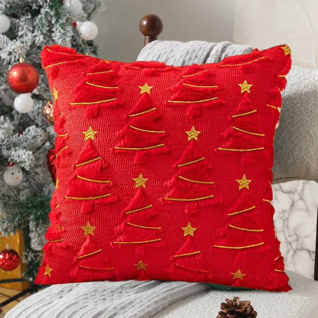 Plush Christmas Tree Pillow Cover with Gold Stars, Holiday Throw Pillow Case for Sofa and Armchair, Beige or Red
