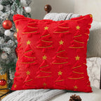 Plush Christmas Tree Pillow Cover with Gold Stars, Holiday Throw Pillow Case for Sofa and Armchair, Beige or Red