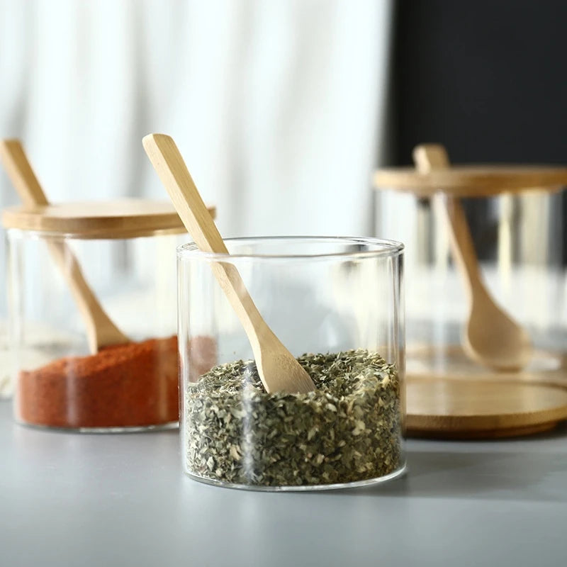Glass Condiment Jars with Bamboo Lids, Spoons and Tray, Set of 3 Spice Jars for Salt, Sugar and Herbs, Round or Square Tray